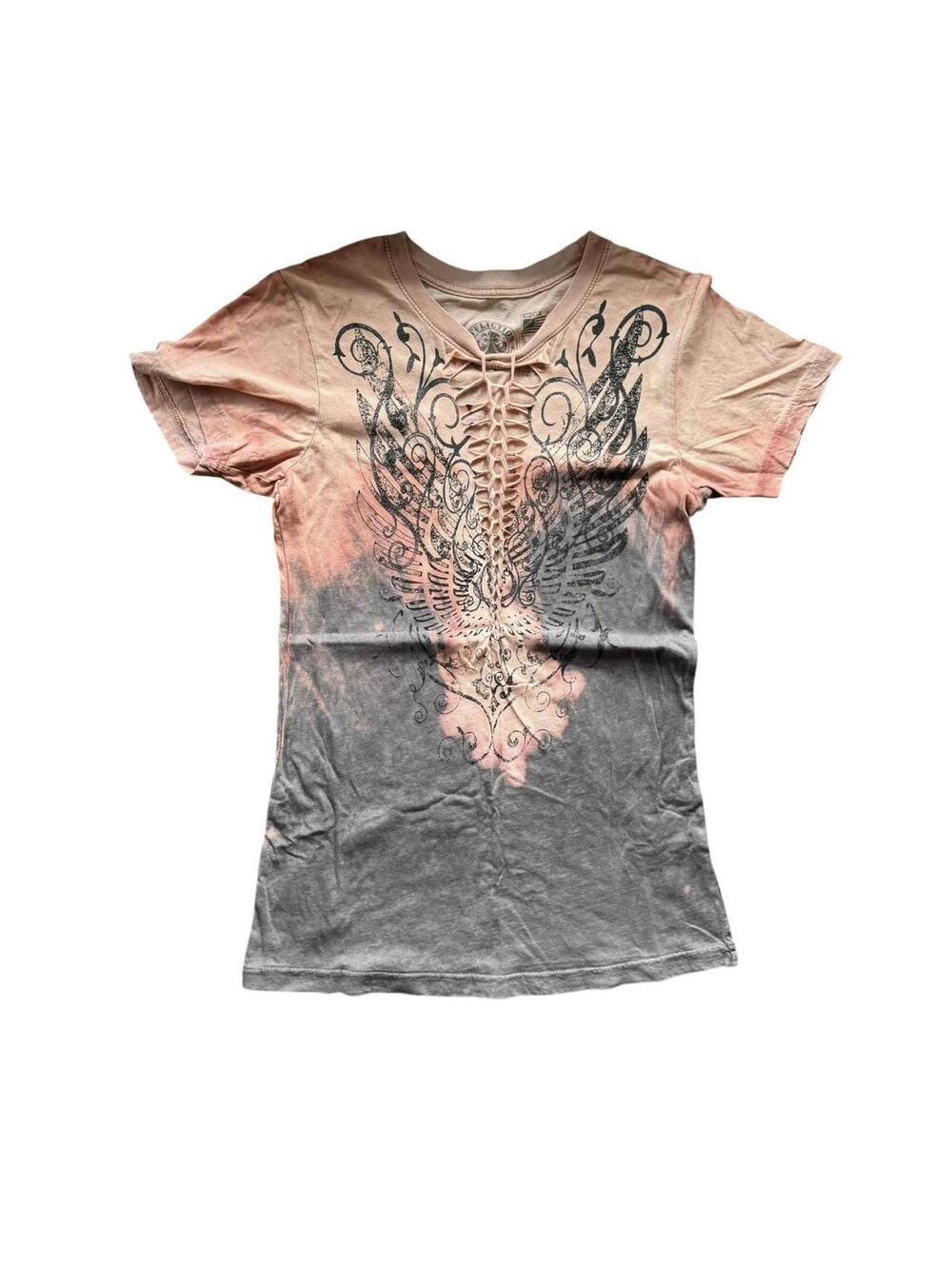 Y2K Affliction Cut Out Deep Plunge Graphic Shirt size Medium